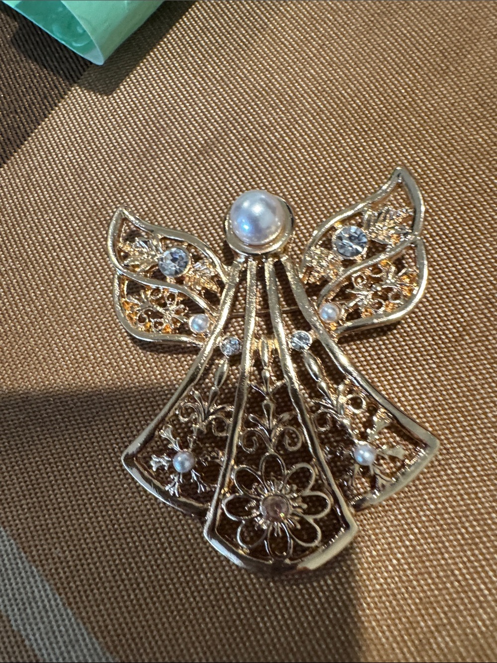 Gold-tone Filigree Angel Brooch with Pearl Accents